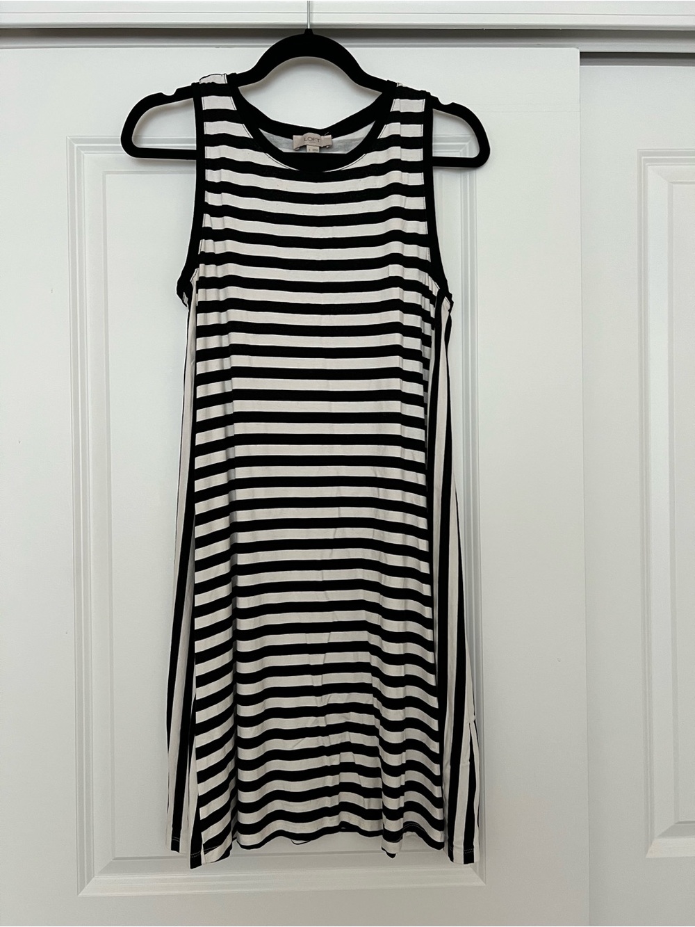 LOFT Black and White Striped Sleeveless Midi Dress